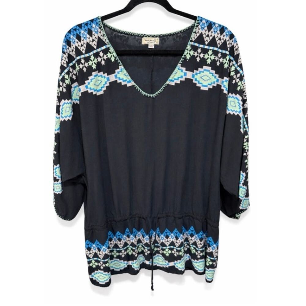 One World Boho Southwestern Blouse Black 100% Rayon Embroidered Whipstitch‎